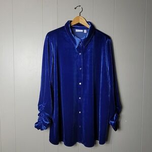 SUSAN GRAVER ROYAL BLUE VELOUR VELVET BUTTON FRONT SHIRT RUCHED SLEEVE WOMENS 2X